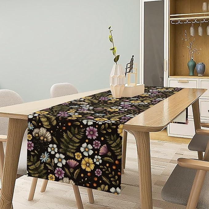 Vintage Flower Table Runner, Rustic Farmhouse Colourful Botanical Flowers Fern Print Kitchen Dining Table Decor Seasonal Home Decoration Indoor Outdoor Party, 13x70inch