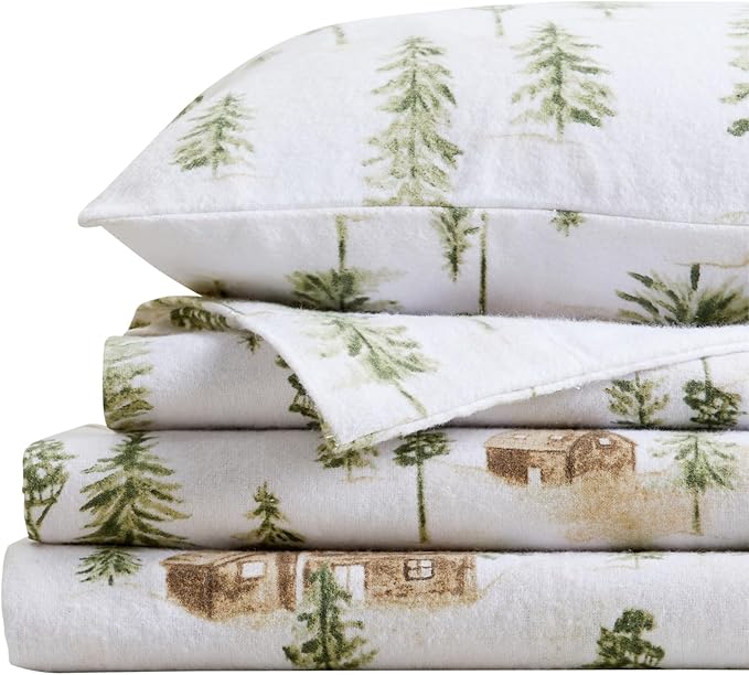 Market & Place 100% Cotton Queen Flannel Sheet Set | 4 Piece Deep Pocket Novelty Cozy Winter Bed Sheets | Double Brushed for Extra Softness & Comfort | Alpine Collection (Queen, Watercolor Forest)