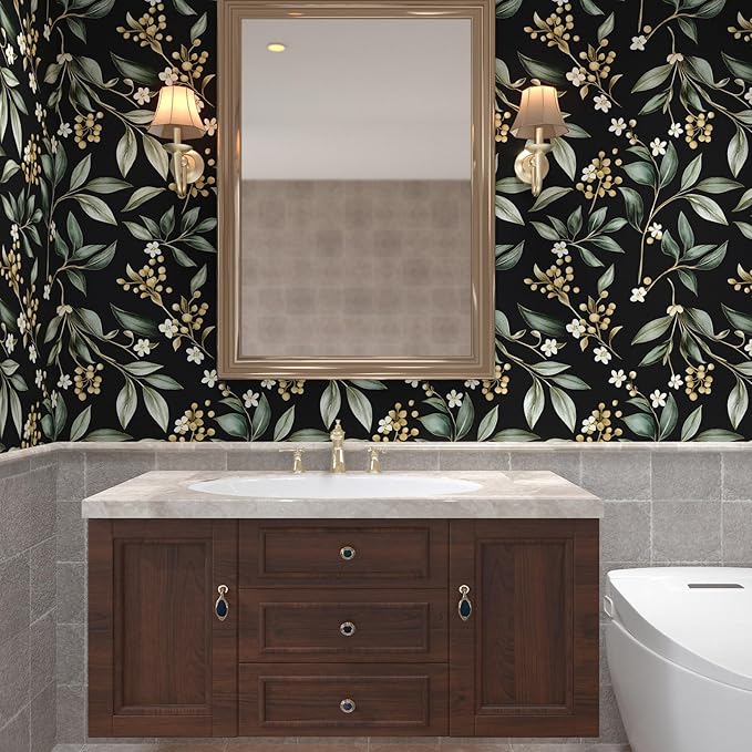 Vintage Leaf Peelable Wallpaper, Black Green Leaf Botanical DIY Craft Self-Adhesive Contact Paper for Cabinet Drawer Decor, Vinyl Wall Paper Dark Green Wall Cover Decor 17.5" x 78"