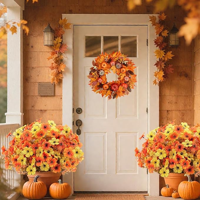 12 Bundles Artificial Fake Mums Flowers for Outdoor Faux Silk Orange Yellow Daisy Realistic UV Resistant No Fade Fake Plants Flowers for Planter Porch Patio Indoor Thanksgiving Decor