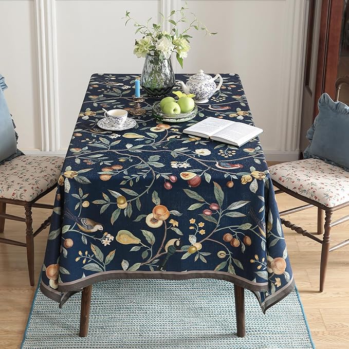 Linen Table Cloth Rectangle,Wrinkle Resistant French Blue Tablecloth Print with Froal,Decor Stitch Table Cloth for Thanksgiving,Dining Room,Home,Kitchen 63" × 102"-DeweyA Blue