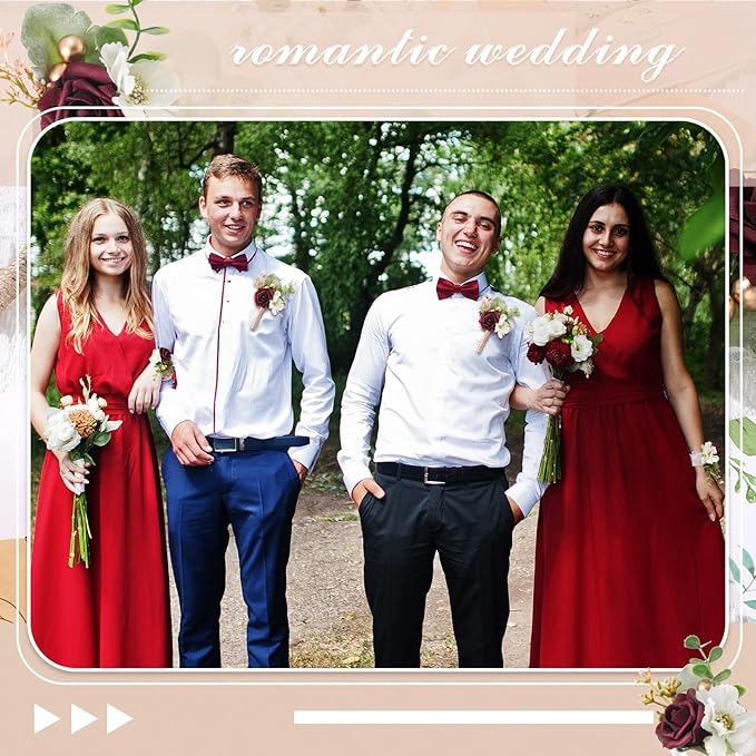 12 Pcs Wedding Wrist Corsage and Boutonniere Set Rose Wrist Corsage for Prom Boutonniere for Men Wedding Flowers Accessories Prom Suit Decorations for Wedding Ceremony Anniversary (Red)