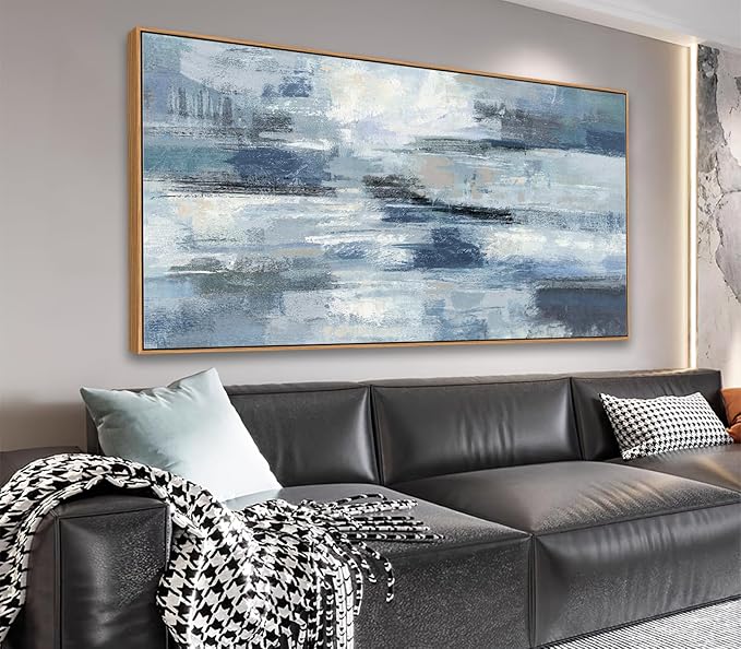 Abstract Framed Canvas Wall Art Vintage Blue White Grey Pictures Ocean Wall Decor Modern Artwork Painting Prints for Living Room Bedroom Bathroom Office Home Decoration Ready to Hang 24" X 48"
