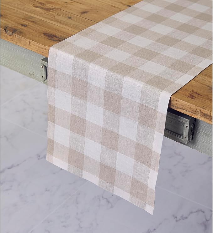 Solino Home Linen Checkered Table Runners 90 Inches Long - 100% Pure Linen Natural and White Buffalo Check Table Runner 14 x 90 Inch Ideal for Dining, Spring, Easter