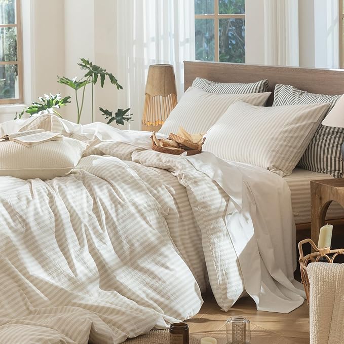 MooMee Striped Duvet Cover Set 100% Washed Cotton Linen Like Textured Breathable Durable Soft Comfy (Almond Milk Grey Classic Stripes, Super King Plus 120"x120")