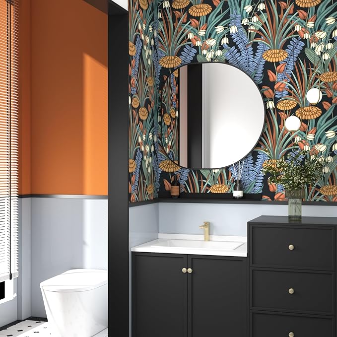 Boho Floral Wallpaper Peel and Stick, Vintage Botanical Wall Paper, Self Adhesive Wall Mural 17.5" x 78.7" Tropical Retro Contact Paper Waterproof for Bedroom Walls Cabinet (Black, Orange, Blue)