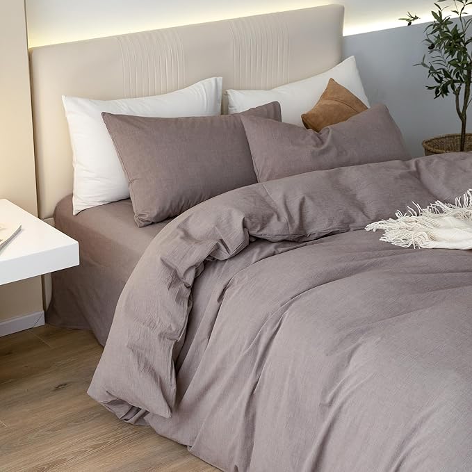 JIYUAN 100% Washed Cotton Duvet Cover Set 3 Pieces Super Queen, 1 Duvet Cover 90x98 Inches(Comforter Not Included) and 2 Pillowcases,Linen Feel Bedding Set Comfy and Breathable, Heathered Mauve Brown