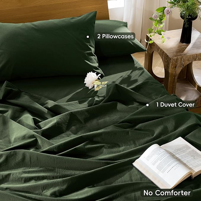 MooMee Bedding Duvet Cover Set 100% Washed Cotton Linen Like Textured Breathable Durable Soft Comfy (Solid Forest Green, Oversized Queen 98"x98")