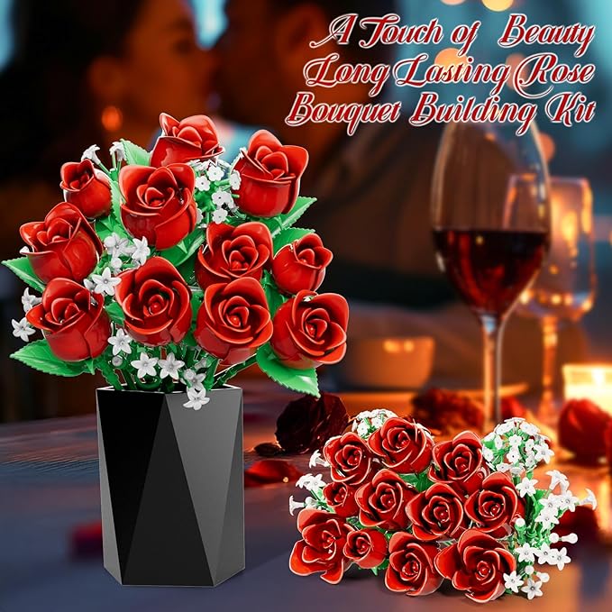 Flowers Bouquet Building Sets for Adults, for Her and Him Mother's Day Valentines Birthdays Gift, Botanical Collection DIY Rose Toy Kit, Home Office Decor