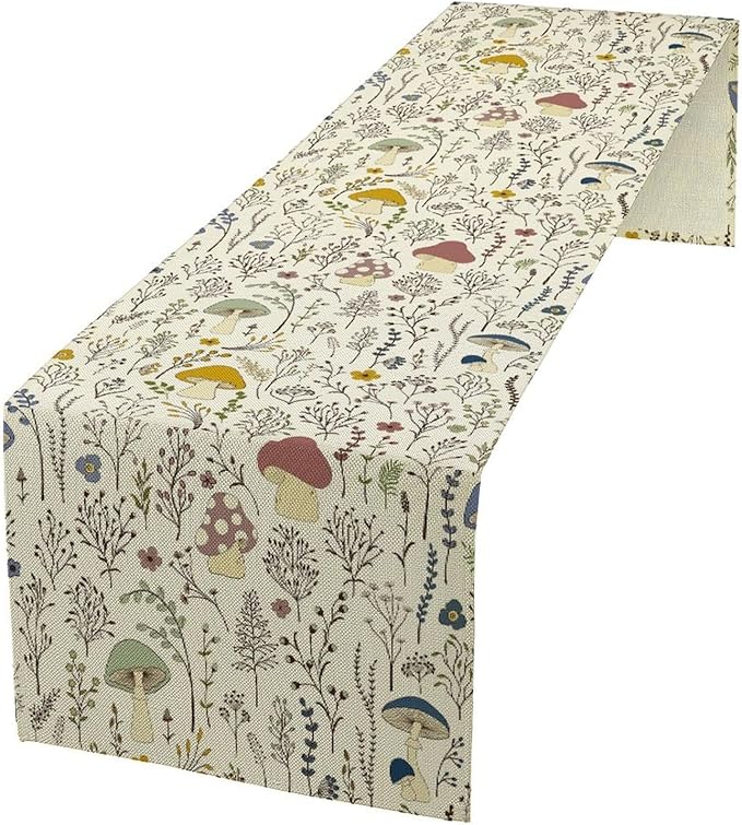 Mushroom Table Runner, Boho Floral Rustic Wildflower Herbs Plants Colorful Botanical Green Leaves Table Runner for Home Party Indoor Outdoor Decor Kitchen Dining Table, 13x90inch