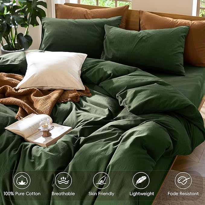 MooMee Bedding Duvet Cover Set 100% Washed Cotton Linen Like Textured Breathable Durable Soft Comfy (Solid Forest Green, Queen 90"x90")