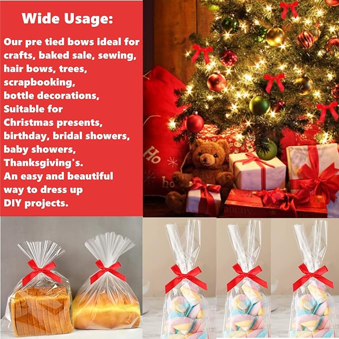100 Pieces Red Bow Twist Ties for Bags, Satin Twist Tie Bows for Cake Pops, Twist Bows for Treats, Pre Tied Bows for Gifts Wrapping, Ribbon Bows, Pretied Bows Ties for Christmas Gift Wrap Bows