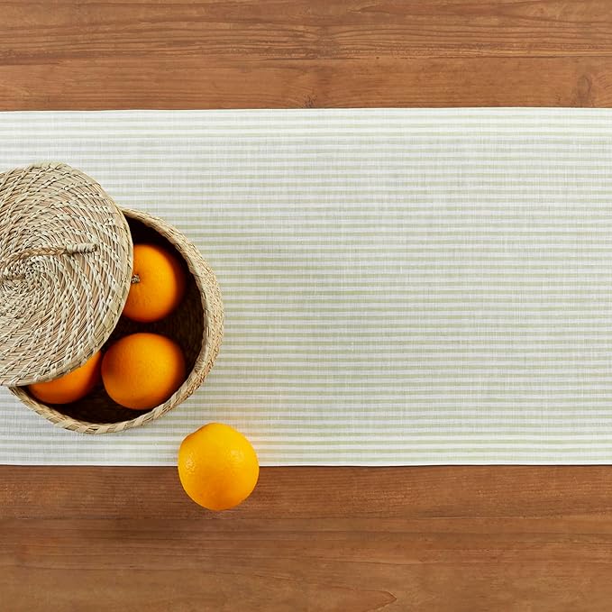 Solino Home Linen Striped Table Runner 36 Inches - Narrow Stripe, 100% Pure Linen Sage and White Table Runner 14 x 36 Inch Ideal for Dresser and Coffee Tables - Spring, St Patricks Day, Easter, Winter