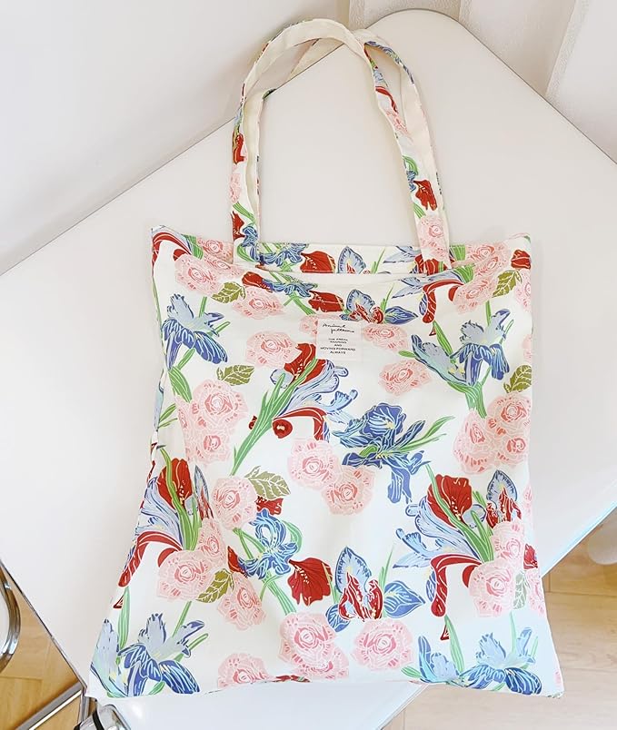 Cotton Canvas Tote Bag Reusable Soft Grocery Cloth Bag Floral Shoulder Bag for Beach Travel Shopping