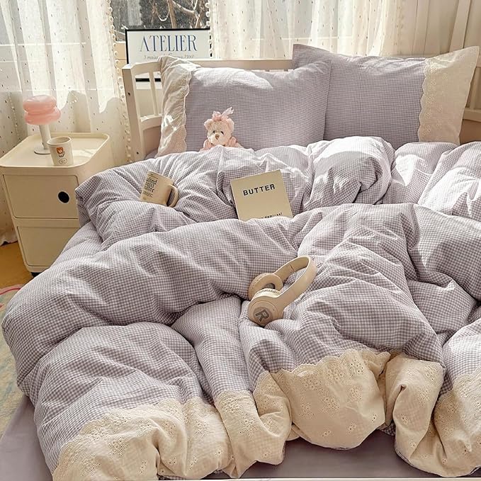 LifeTB Purple Gingham Comforter Set Twin XL Fluffy Soft Princess Style Girls Lace Bedding Set Cottagecore Cute Plaid Checkered Comforter with 2 Pillowcases Chic Gingham Bedding Grid Comforter Set