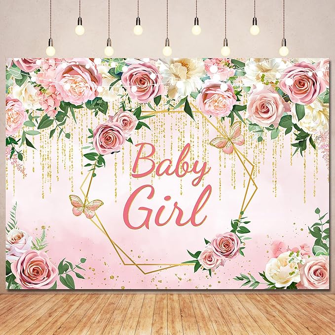 Pink Floral Baby Girls Baby Shower Backdrop Party Decorations,Blush Rose Flowers It's Baby Girl Backdrops Banner Photography Background Princess Baby Shower Party Photo Booth Supplies 10x7ft