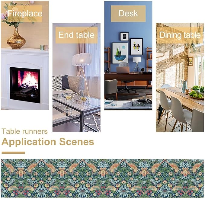 William Morris Floral Table Runner, Vintage Flowers Green Botanical Printed Table Runner for Home Kitchen Dining Table Decoration,13x90 Inch