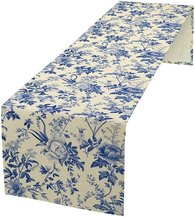 Vintage Blue Floral Table Runner, Retro Country Flowers Botanical Design Table Runner for Kitchen Dining Home Party Outdoor Indoor Decor, 13x108 Inch