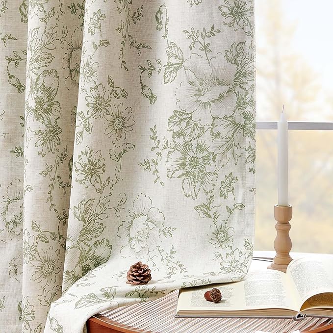 jinachan Blackout Curtains Linen Blend Floral Curtain for Living Room 63 Inch Length Christmas Sage Green Flower Printed with Lined Blackout Drapes for Bedroom Farmhouse Curtains Set 2 Panels