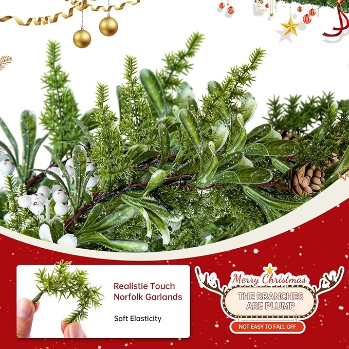 2Pack 6FT Christmas Garland – Artificial Greenery Olive Garland with White Berries, Pinecones & 20 Warm LED Timer Lights – Holiday Garland for Home, Wedding, Party Decorations