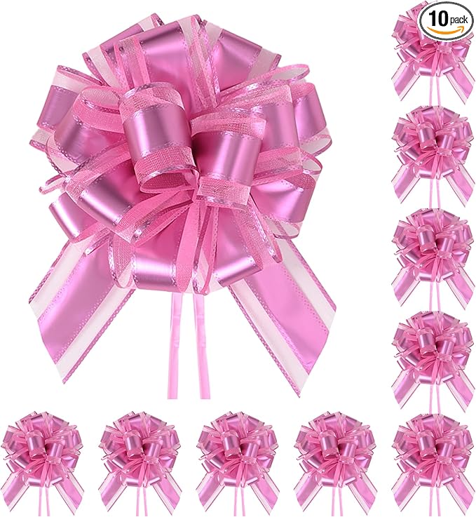 10-Pack Blush Pink Pull Bows for Gift Wrapping - 6 Inch Reusable Ribbon Bows, Large Instant Floral Decor Bows for Wedding, Christmas, Birthday Decor, Gift Basket & Party Decorations