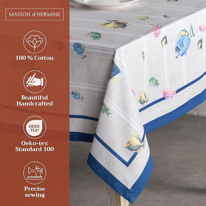 Maison d' Hermine Table Cloth Square Table 100% Cotton 54 x 54 Inches Tablecloth Reusable Decorative Everyday Use for Dining Room, Farmhouse, Home, Party, Festive & Wedding Spring Summer - Poisson