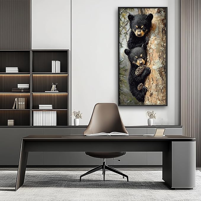 Cabin Bear Large Wall Art Black Bear Cubs Pictures Wall Decor Rustic Forest Animals Lodge Canvas Prints Wildlife Painting Framed Artwork Decoration for Nursery Bedroom Living Room Office 30"x60"