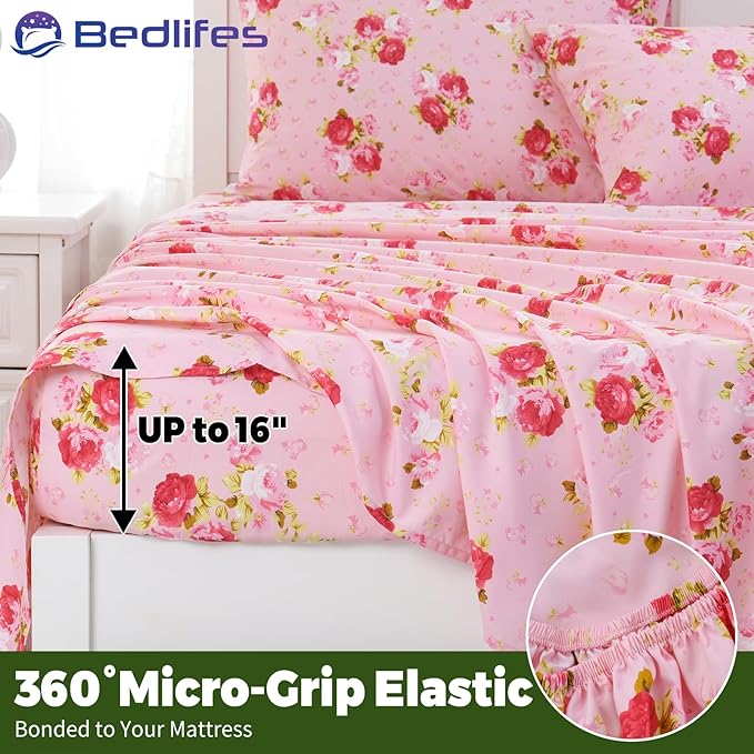 Bedlifes King Floral 4-Piece Sheet Set - Cooling Sheets Blend Rayon Derived from Bamboo,Soft & Breathable, Deep Pocket 16", Wrinkle Resistant - Vibrant Boho Floral in Rose Pink
