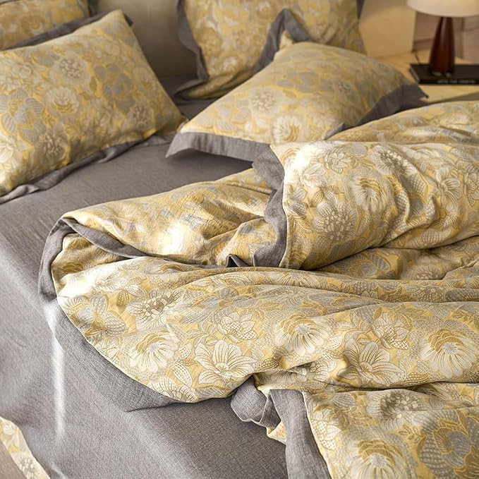 Jacquard Floral Duvet Cover Set Twin Premium Yarn-Dyed Cotton Yellow Gold Flower Duvet Cover Jacquard Reversible Floral Comforter Cover with Edge Design Vintage Garden Style Botanical Bedding Set Twin