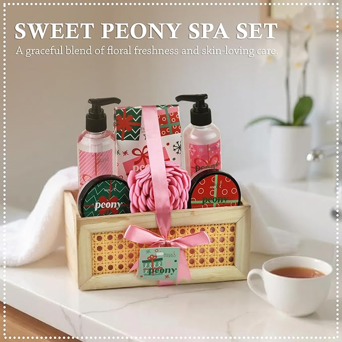 Freida & Joe Peony Spa Gift Set – 7-Piece Bath & Body Gift Basket for Women & Men | Shower Gel, Body Lotion, Body Scrub, Bath Salt | Relaxing Self Care Gift