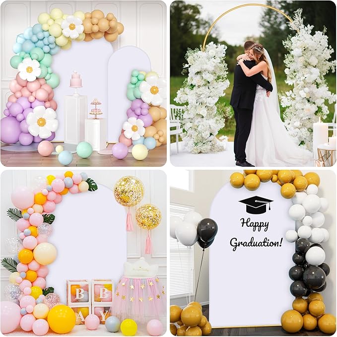 7.2FT, 6FT Arch Backdrop Stand with Cover Set of 2, Gold Metal Balloon Wedding Arch Frame with 8 Ground Stakes Stable for Outdoor Birthday Party Wedding Ceremony Bridal Baby Shower Decoration