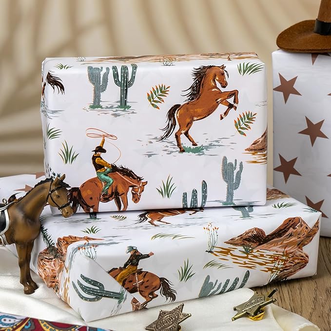 Homeral Reversible Cowboy Wrapping Paper Roll - 17In x 16.5Ft Western Gift Wrap with Rodeo Horse and Star Pattern for Boys Birthday, Fathers Day, Bachelor Party, Christmas, Farm Theme, Holiday