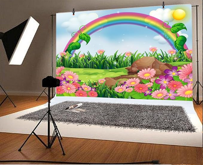 AOFOTO 8x6ft Cartoon Spring Flowers Rainbow Backdrop Meadow Sweet Floral Blossom Sky Sun Enchanting Garden Scenery Background for Kids Baby Shower Birthday Party Decor Wallpaper Photoshoot Props