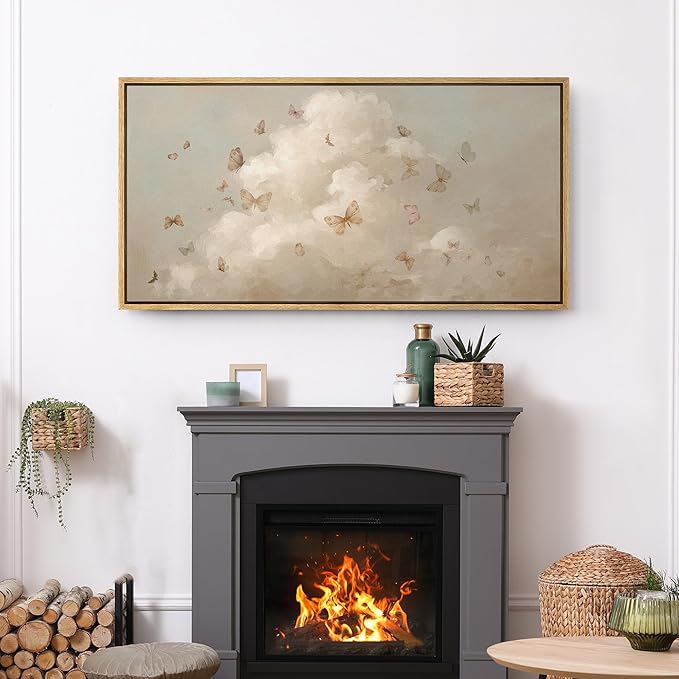 SIGNFORD Extra Large Framed Canvas Print Wall Art Butterflies in the Clouds Dreamy Sky with Flying Butterflies Illustrations Modern Art Relax/Calm Warm for Living Room, Bedroom, Office - 60"x30"
