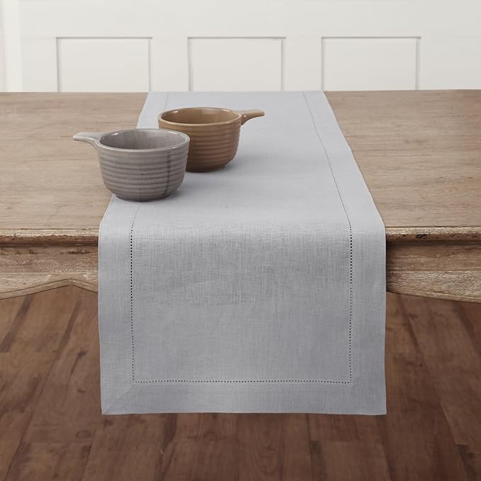 Solino Home Linen Soft Grey Table Runner 108 Inches Long - 100% Pure Linen 14 x 108 Inch Table Runner for Spring, Easter - Classic Hemstitch