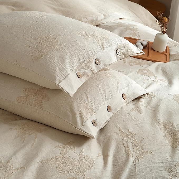 mixinni Queen Duvet Cover Set - 70% Cotton 30% Linen Blend, Bohemian Floral Jacquard 3-Piece Comforter Cover with 2 Pillowcases, Soft Breathable Lightweight Bedding Set (90"x90"), Almond Milk Grey