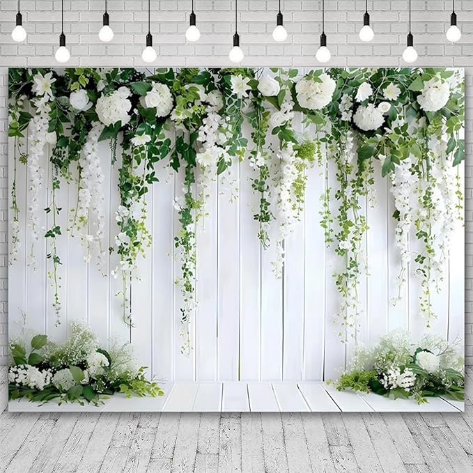 10x6.5ft White Flower Backdrop Green Leaves Wedding Bridal Shower Photography Background Floral Rustic Wood Wall Birthday Party Banner Decorations Reception Ceremony Portrait Photo Booth Prop