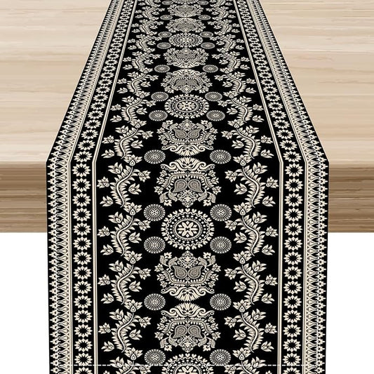 Black Paisley Table Runner, Retro Damask Boho Floral Print Linen Table Center Decor Family Kitchen Outdoor Farmhouse Holiday Party Table Decorations 13x90 inch
