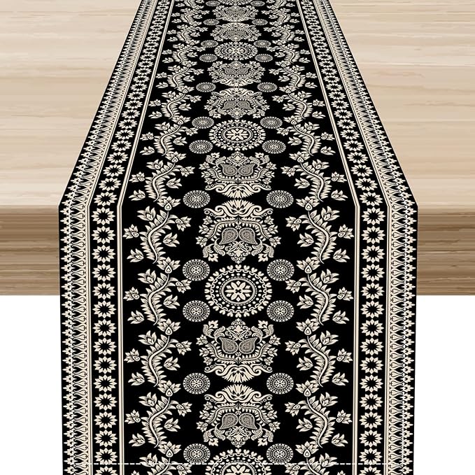 Black Paisley Table Runner, Retro Damask Boho Floral Print Linen Table Center Decor Family Kitchen Outdoor Farmhouse Holiday Party Table Decorations 13x36 inch