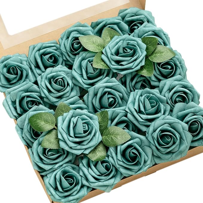 Ling's moment Artificial Flowers 25Pcs Turquoise Roses Decor w/Stems,3" Real Touch DIY Foam Floral for Wedding Bouquet/Centerpieces, Outdoors Party Backdrop, Room/Table, and Garden/Pot Decorations