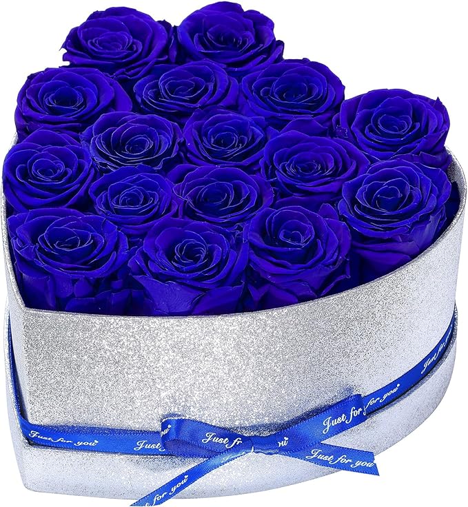 Flowers for Delivery, 16 Blue Forever Roses Heart Shape Box - Preserved Rose Gift for Her, Preserved Flower for Mothers Day, Father's Day Just Because