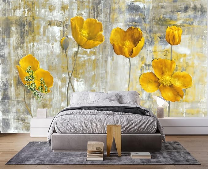 Yellow Oil Painting Flowers Wall Mural Wallpaper for Bedroom 178" x 117"