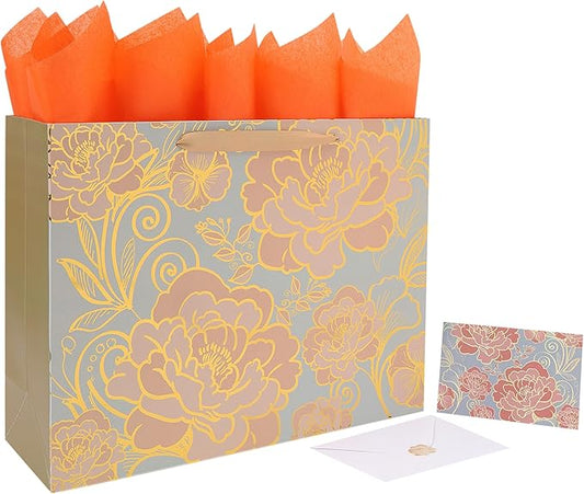 16.5” Extra Large Rose Gold Gift Bag Set with Handles, Greeting Card, Tissue Papers and Stickers for Women Girls for Birthday, Wedding, Valentine's Day and Mother’s Day, Foil Traced Flowers Design, 1 Pcs
