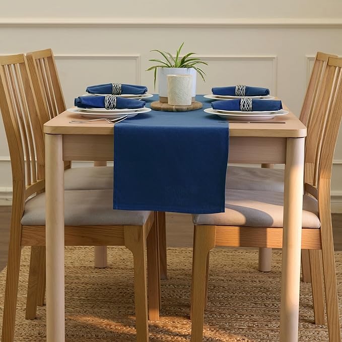 Encasa XO Table Runner 13"x104" Long | Cotton Canvas Fabric | Cobalt Solid Color | Machine Washable & Durable