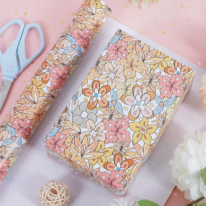 RayofSun Floral Wrapping Paper Roll 17 inch x 16.5 ft Mini Roll Boho Vintage Flower Gift Wrap All Occasion Wedding Birthday Bridal Shower Party Baby Shower Christmas