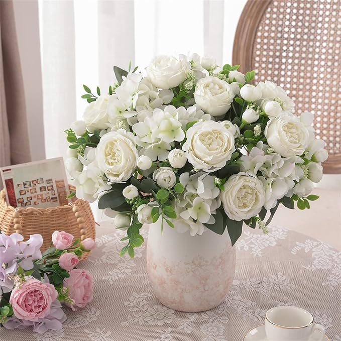 4 Bunches White Peonies Artificial Flowers for Decoration Faux Roses Fake Bouquet Arrangements Plastic Table Centerpiece Silk Flores for Vase Party Wedding Home Décor (White)