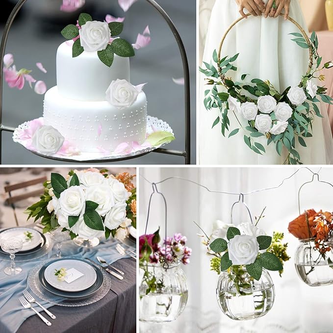 AmyHomie Artificial Flower 50pcs Real Looking Fake Roses w/Stem for DIY Wedding Bouquets Centerpieces Arrangements Party Baby Shower Valentines Day Christmas Tree Decorations