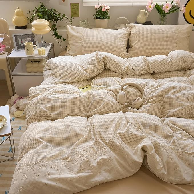 LifeTB Tan Gingham Duvet Cover Twin 3 Pieces Romantic Lace Duvet Cover Vintage Plaid Checkered Comforter Cover with 2 Pillowcases Soft Microfiber Beige Tan Grid Farmhouse Plaid Bedding Set