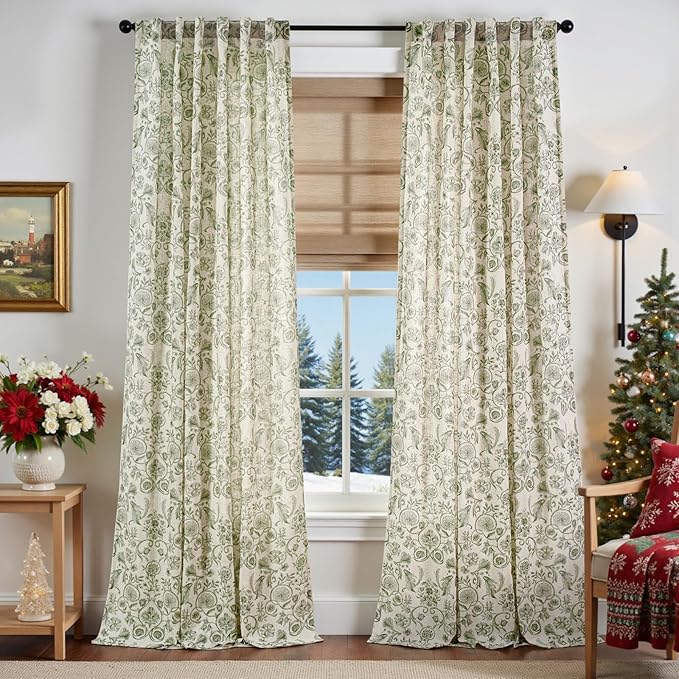 jinchan Linen Floral Curtains for Living Room with Printed Flower 96 Inches Long Light Filtering Farmhouse Window Treatment Vintage Drapes Back Tab Rod Pocket 2 Panels Green on Beige