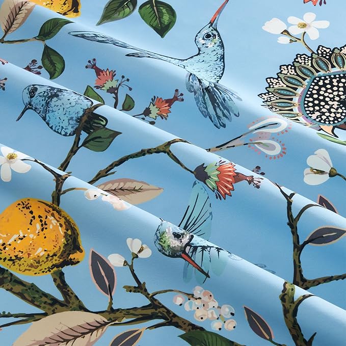 Blue and White Patterned Floral Aesthetic Curtains 84 Inch Length Farmhouse Vintage Pinch Pleated Drapes Birds Luxury 2 Panels for Kid Bedroom Living Room, Chambray Blue